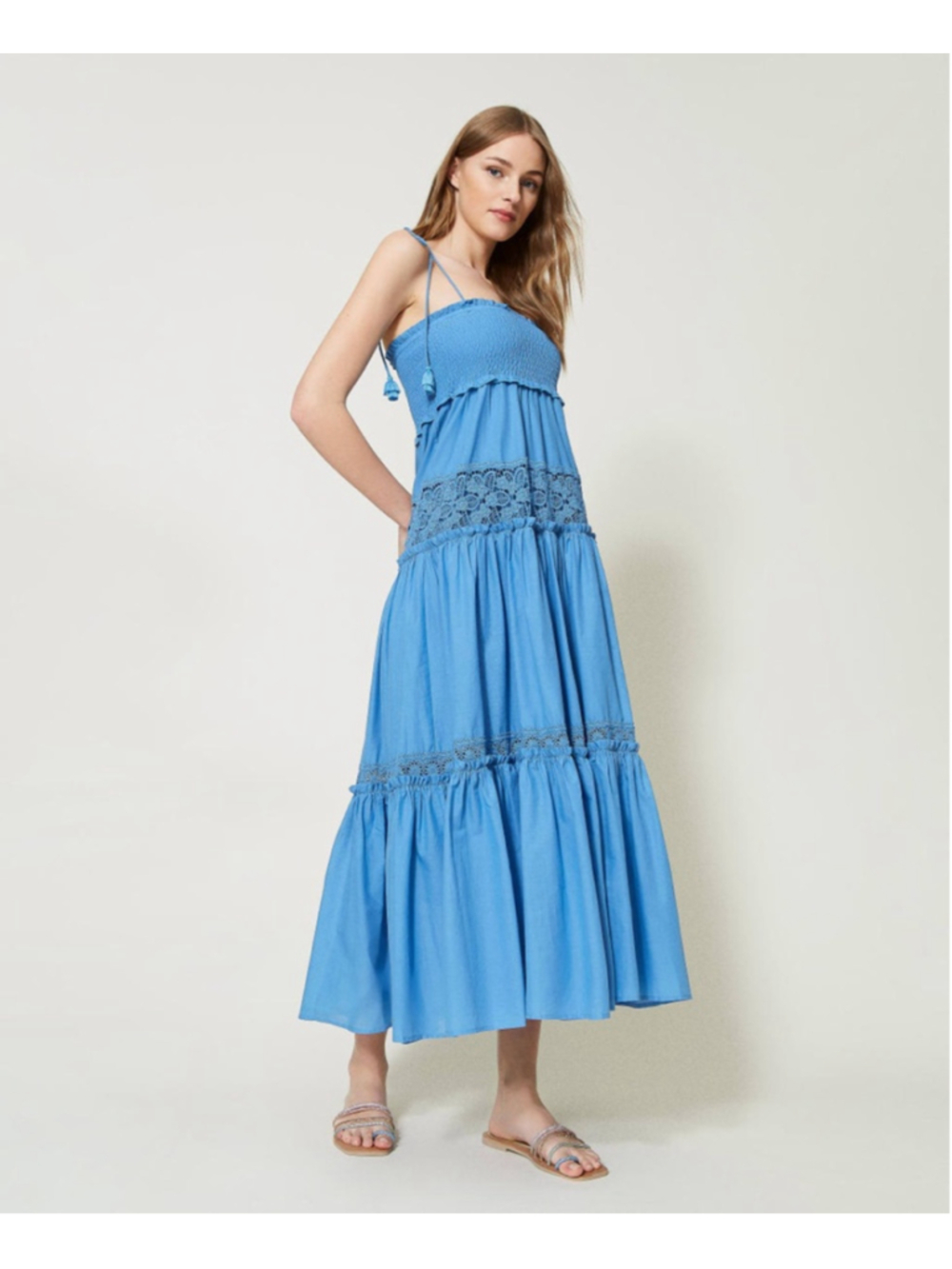 Twinset Milano Long Flounced Dress with Macrame Lace Womens Size Small Boho - Picture 14 of 14